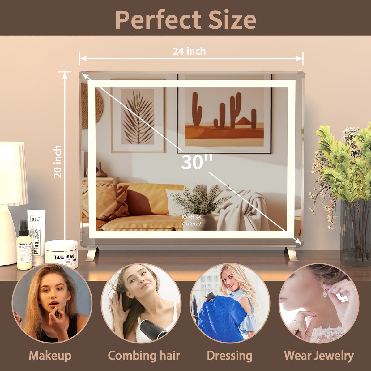 Vanity Mirror with Lights, 32" x 24" LED Makeup Mirror, Lighted Makeup Mirror with Dimmable 3 Modes, Touch Screen Control Vanity Mirror Square Silver