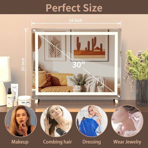 Vanity Mirror with Lights, 32" x 24" LED Makeup Mirror, Lighted Makeup Mirror with Dimmable 3 Modes, Touch Screen Control Vanity Mirror Square Silver