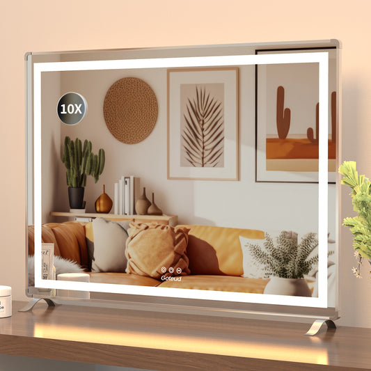 Vanity Mirror with Lights, 32" x 24" LED Makeup Mirror, Lighted Makeup Mirror with Dimmable 3 Modes, Touch Screen Control Vanity Mirror Square Silver