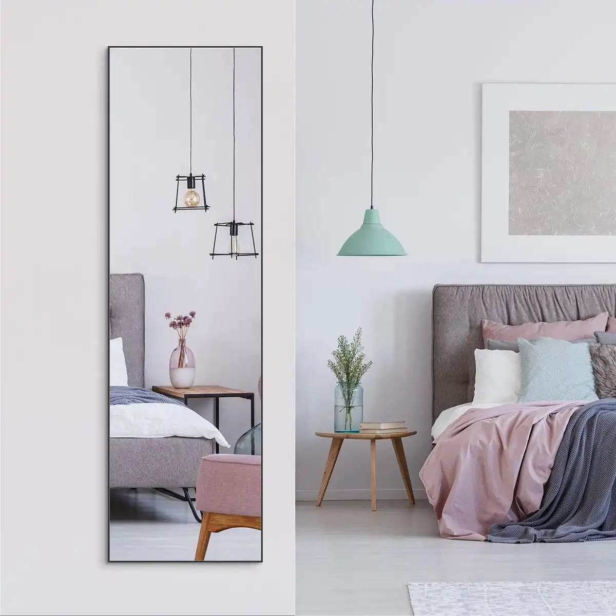 Full Length Mirror with Hanging Hooks for Door Wall Mounted Decoration Floor Dressing Mirror Full Body Mirror for Bedroom Living Room Bathroom (Black) - Goteud